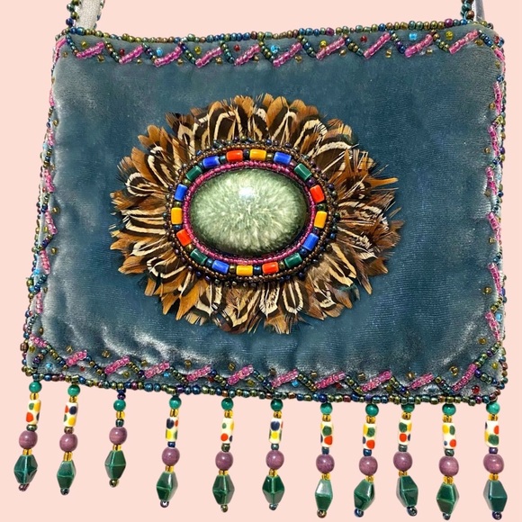 Feathered & Beaded Velvet Bohemian Crossbody Purse - Picture 3 of 6